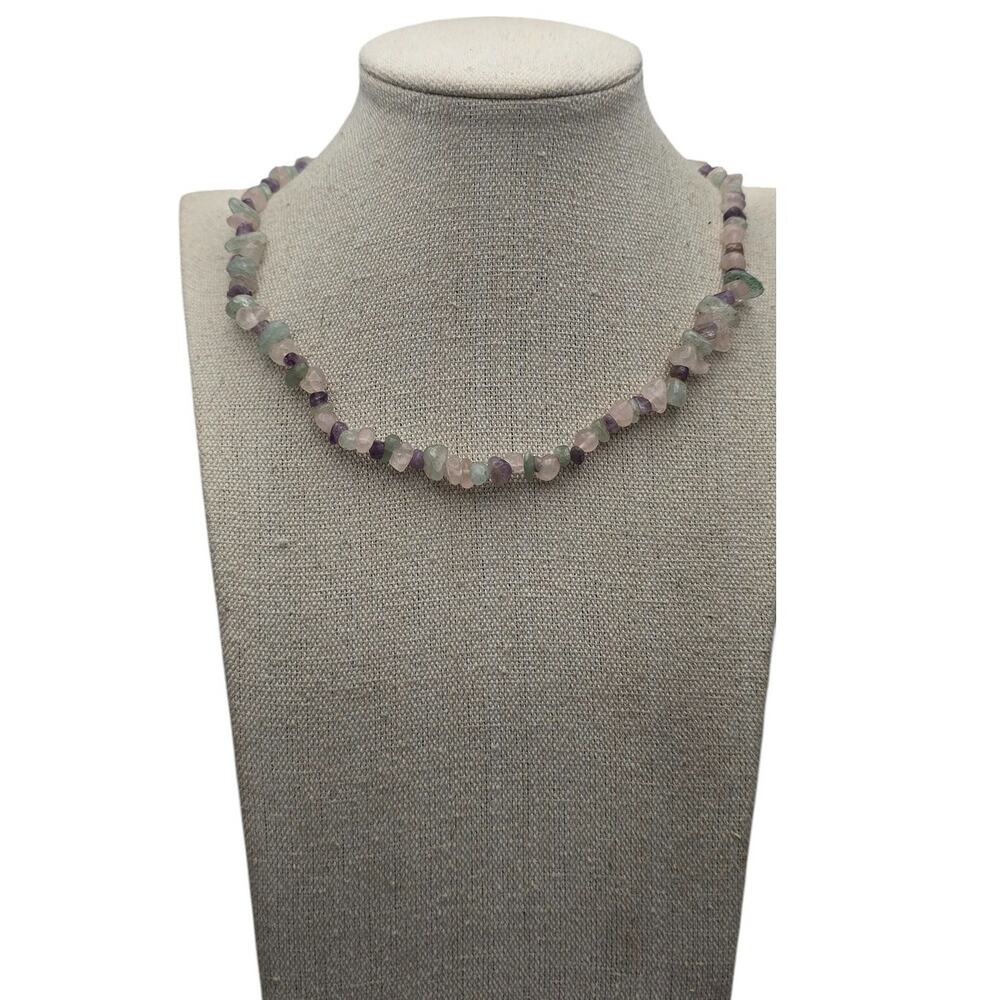 Pastel Gemstone Chip Bead Necklace Fluorite Amethyst Rose Quartz Natural Stone - Picture 6 of 7